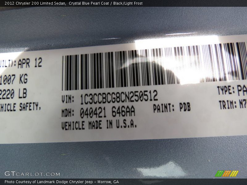 Crystal Blue Pearl Coat / Black/Light Frost 2012 Chrysler 200 Limited Sedan