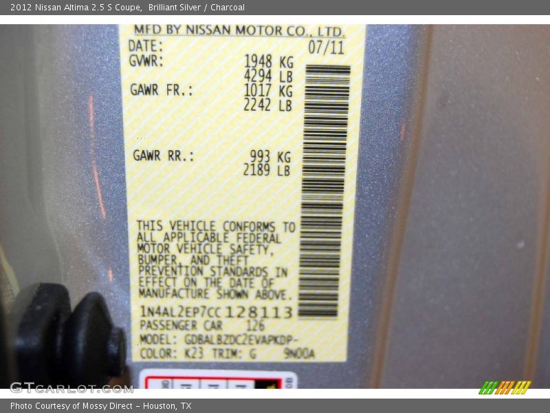 Brilliant Silver / Charcoal 2012 Nissan Altima 2.5 S Coupe