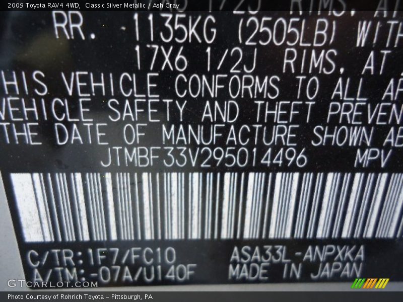 Classic Silver Metallic / Ash Gray 2009 Toyota RAV4 4WD