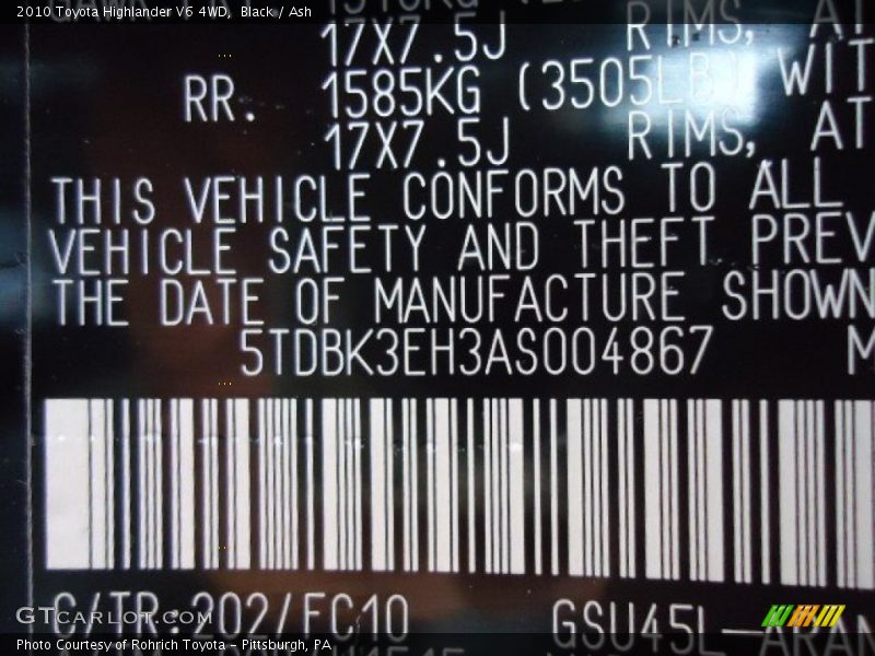 Black / Ash 2010 Toyota Highlander V6 4WD