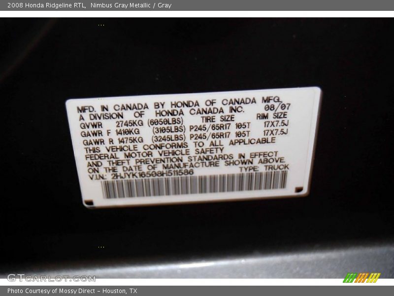 Nimbus Gray Metallic / Gray 2008 Honda Ridgeline RTL