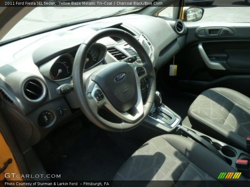 Yellow Blaze Metallic Tri-Coat / Charcoal Black/Blue Cloth 2011 Ford Fiesta SEL Sedan