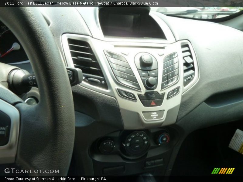 Yellow Blaze Metallic Tri-Coat / Charcoal Black/Blue Cloth 2011 Ford Fiesta SEL Sedan