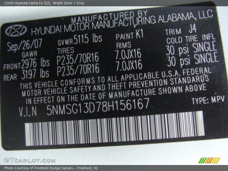 Bright Silver / Gray 2008 Hyundai Santa Fe GLS