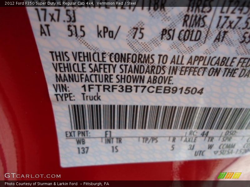 2012 F350 Super Duty XL Regular Cab 4x4 Vermillion Red Color Code F1