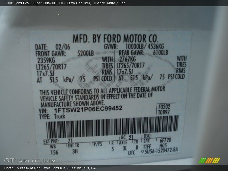 2006 F250 Super Duty XLT FX4 Crew Cab 4x4 Oxford White Color Code Z1