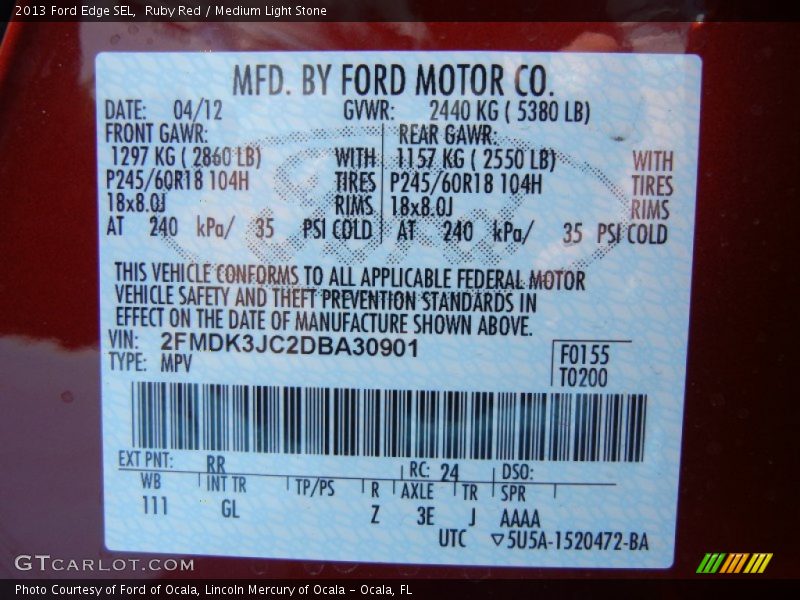 2013 Edge SEL Ruby Red Color Code RR