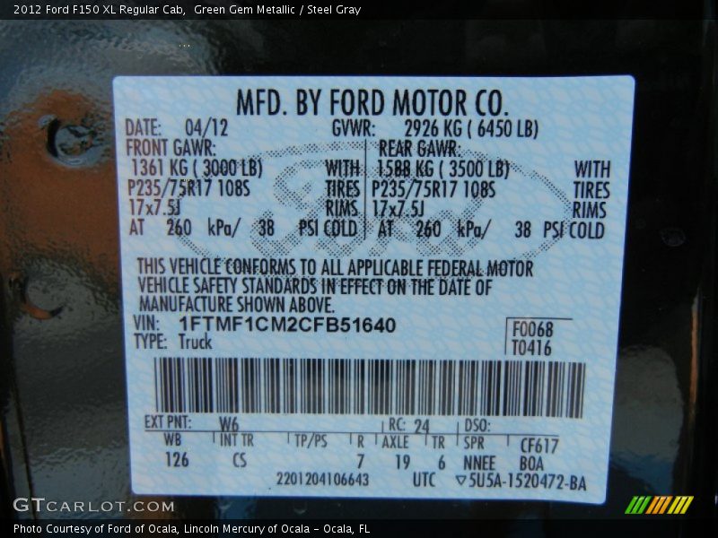 2012 F150 XL Regular Cab Green Gem Metallic Color Code W6