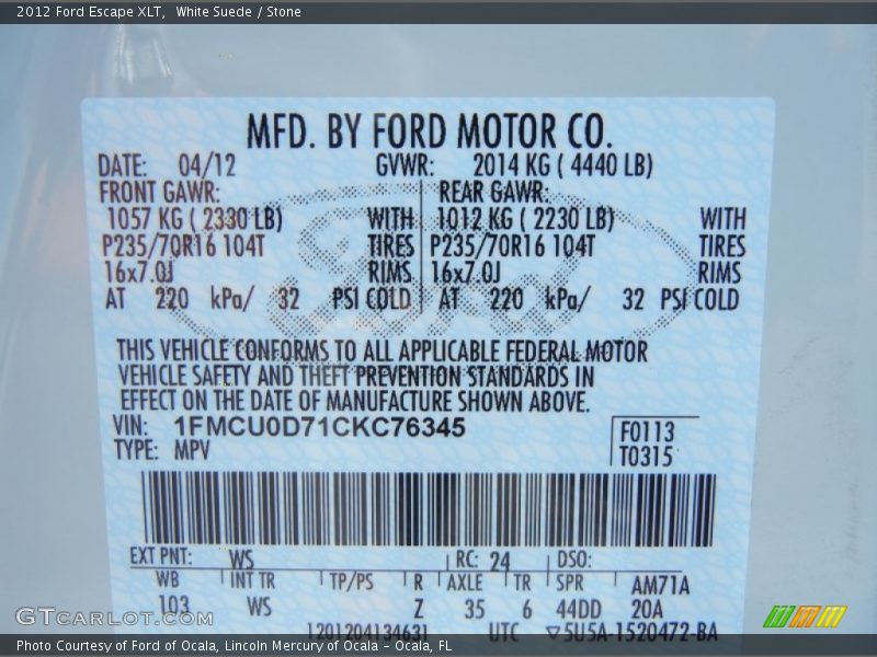 White Suede / Stone 2012 Ford Escape XLT