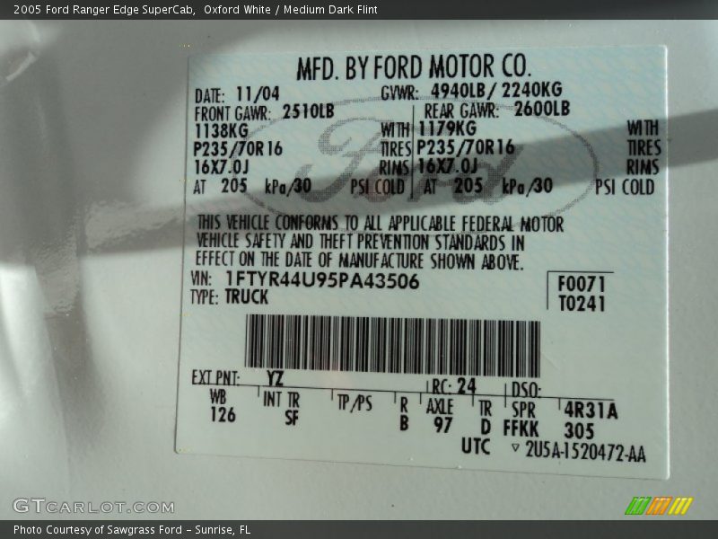 2005 Ranger Edge SuperCab Oxford White Color Code YZ