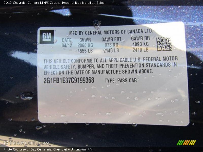 Imperial Blue Metallic / Beige 2012 Chevrolet Camaro LT/RS Coupe