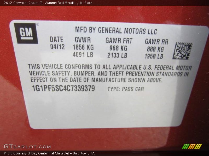Autumn Red Metallic / Jet Black 2012 Chevrolet Cruze LT