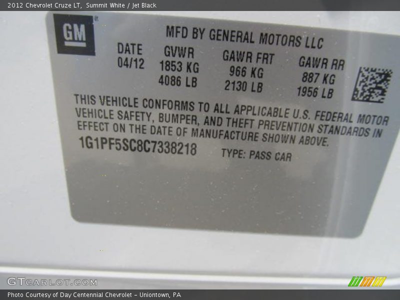 Summit White / Jet Black 2012 Chevrolet Cruze LT