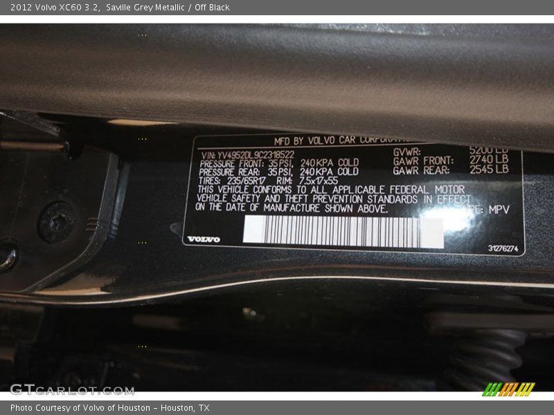 Saville Grey Metallic / Off Black 2012 Volvo XC60 3.2