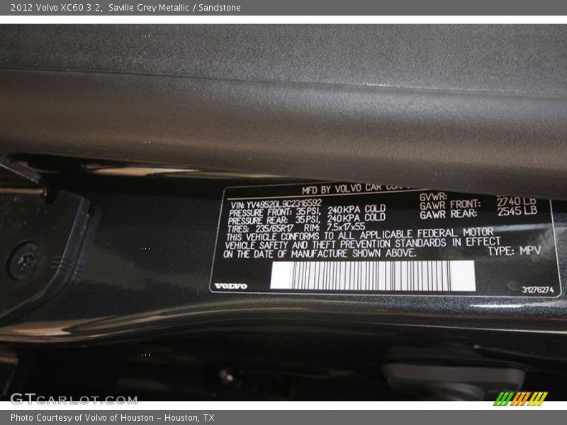 Saville Grey Metallic / Sandstone 2012 Volvo XC60 3.2