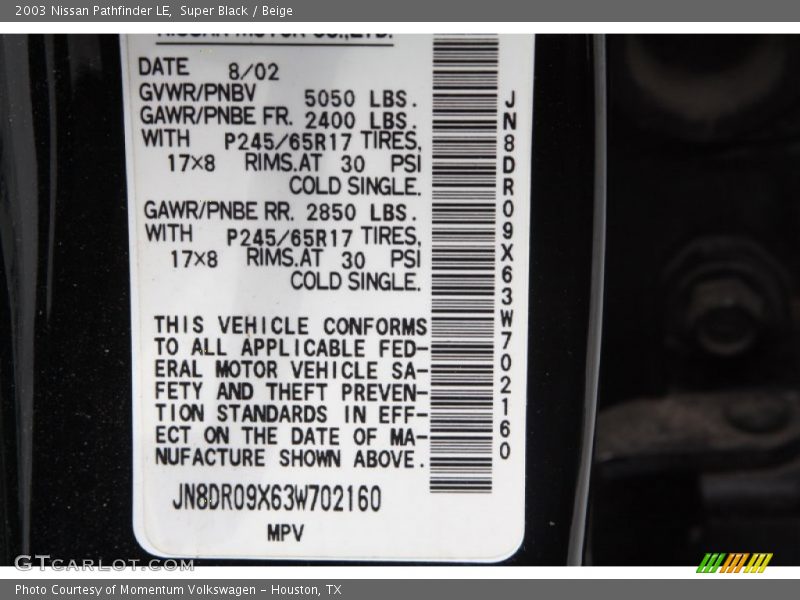 Super Black / Beige 2003 Nissan Pathfinder LE