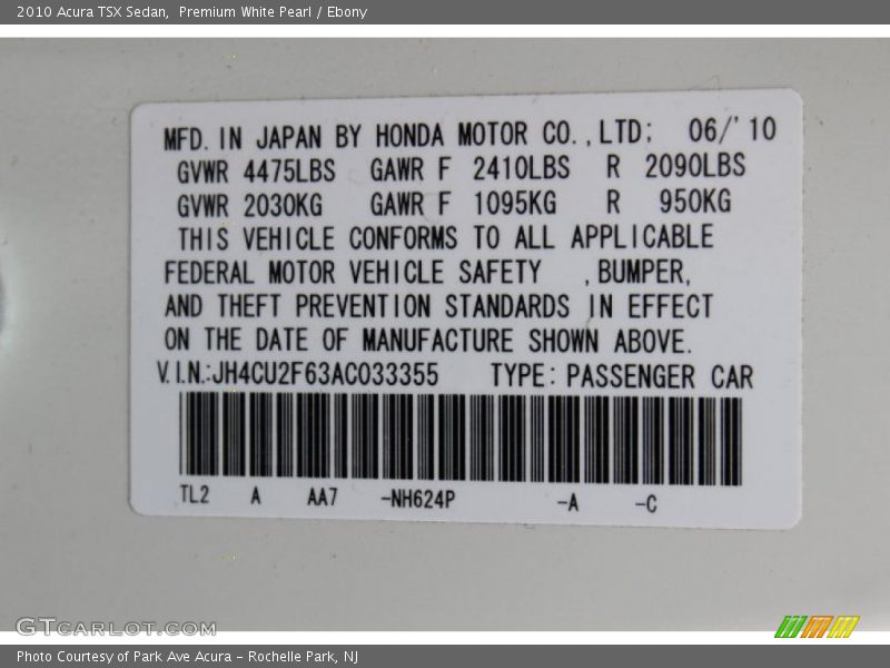Premium White Pearl / Ebony 2010 Acura TSX Sedan