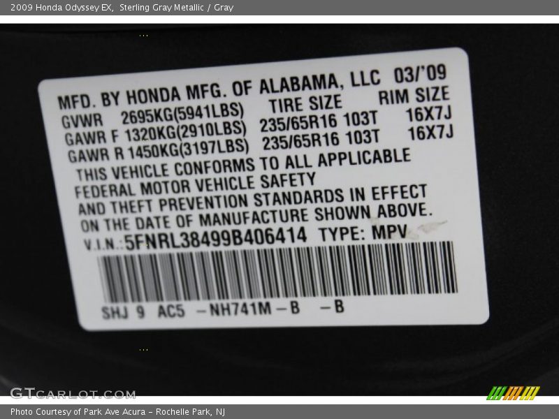 Sterling Gray Metallic / Gray 2009 Honda Odyssey EX