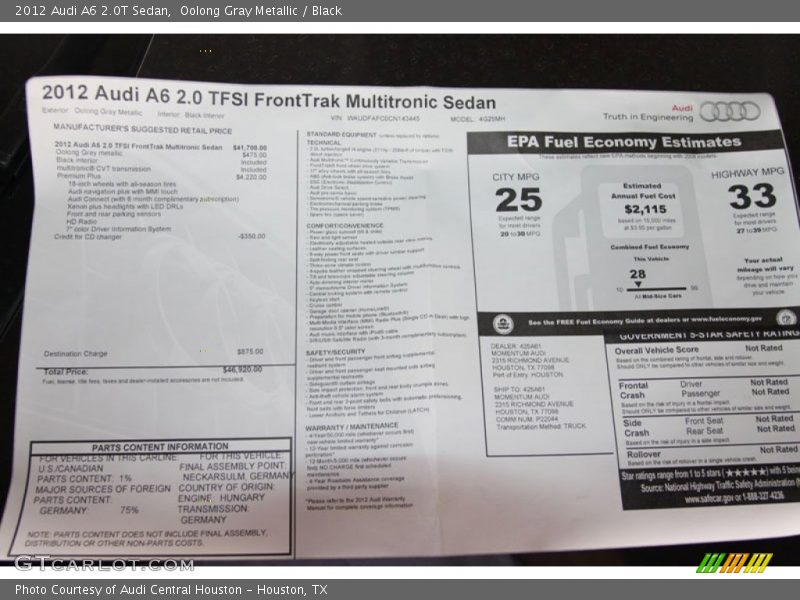 Oolong Gray Metallic / Black 2012 Audi A6 2.0T Sedan