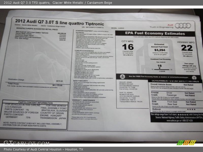  2012 Q7 3.0 TFSI quattro Window Sticker