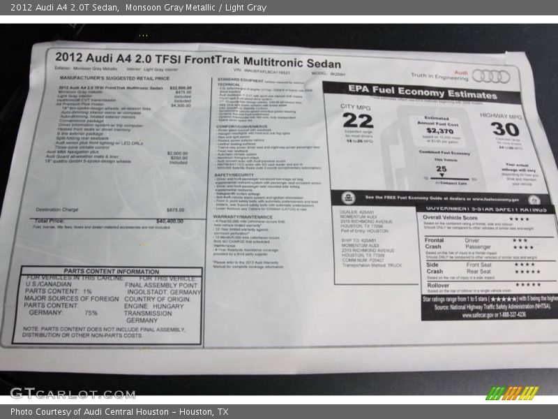 Monsoon Gray Metallic / Light Gray 2012 Audi A4 2.0T Sedan