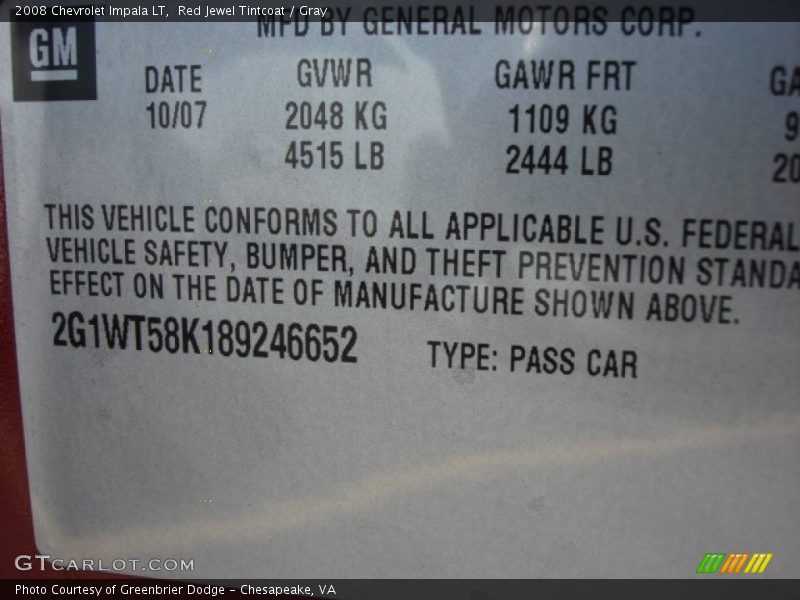 Red Jewel Tintcoat / Gray 2008 Chevrolet Impala LT