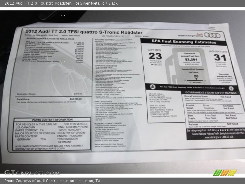  2012 TT 2.0T quattro Roadster Window Sticker