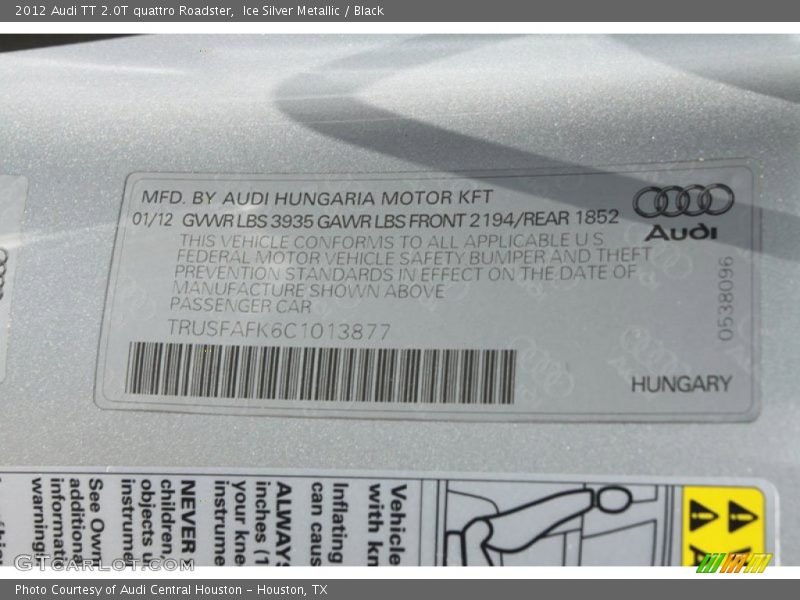 Info Tag of 2012 TT 2.0T quattro Roadster