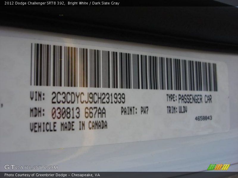 Bright White / Dark Slate Gray 2012 Dodge Challenger SRT8 392