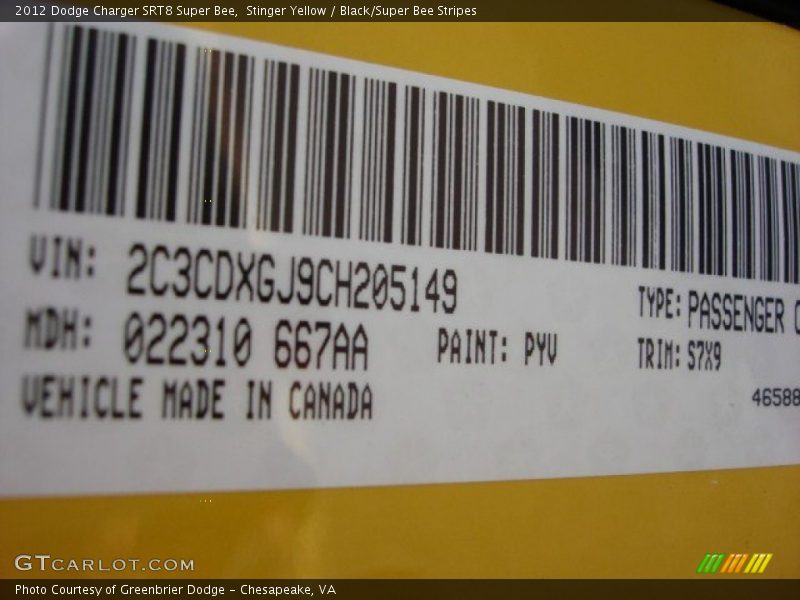 2012 Charger SRT8 Super Bee Stinger Yellow Color Code PYV