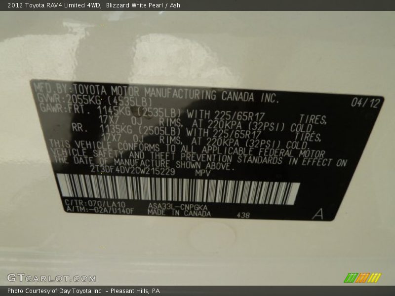 Blizzard White Pearl / Ash 2012 Toyota RAV4 Limited 4WD