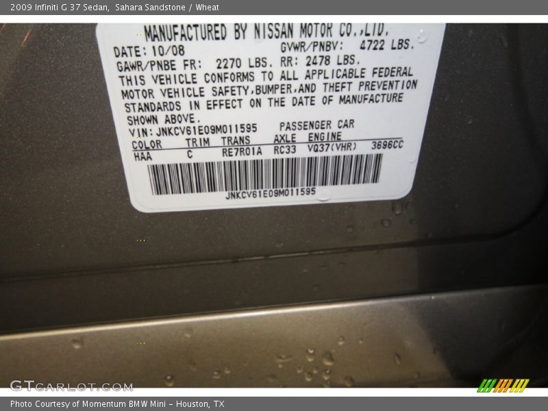 2009 G 37 Sedan Sahara Sandstone Color Code HAA