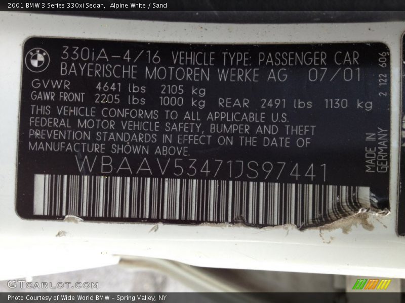 Alpine White / Sand 2001 BMW 3 Series 330xi Sedan