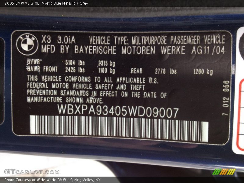Mystic Blue Metallic / Grey 2005 BMW X3 3.0i