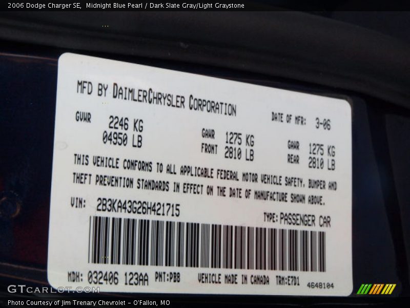 Midnight Blue Pearl / Dark Slate Gray/Light Graystone 2006 Dodge Charger SE
