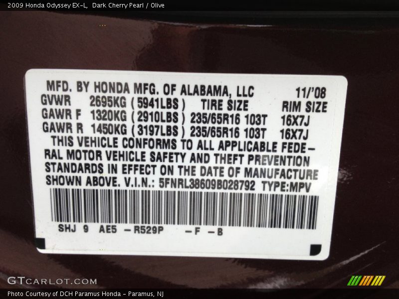 Dark Cherry Pearl / Olive 2009 Honda Odyssey EX-L