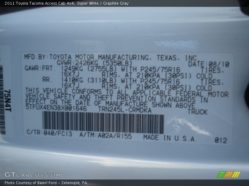 Super White / Graphite Gray 2011 Toyota Tacoma Access Cab 4x4