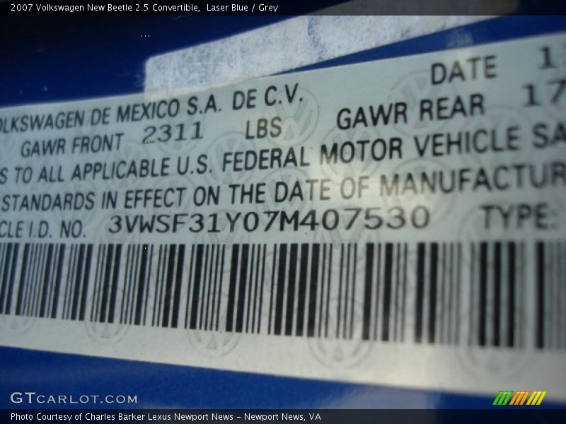 Laser Blue / Grey 2007 Volkswagen New Beetle 2.5 Convertible