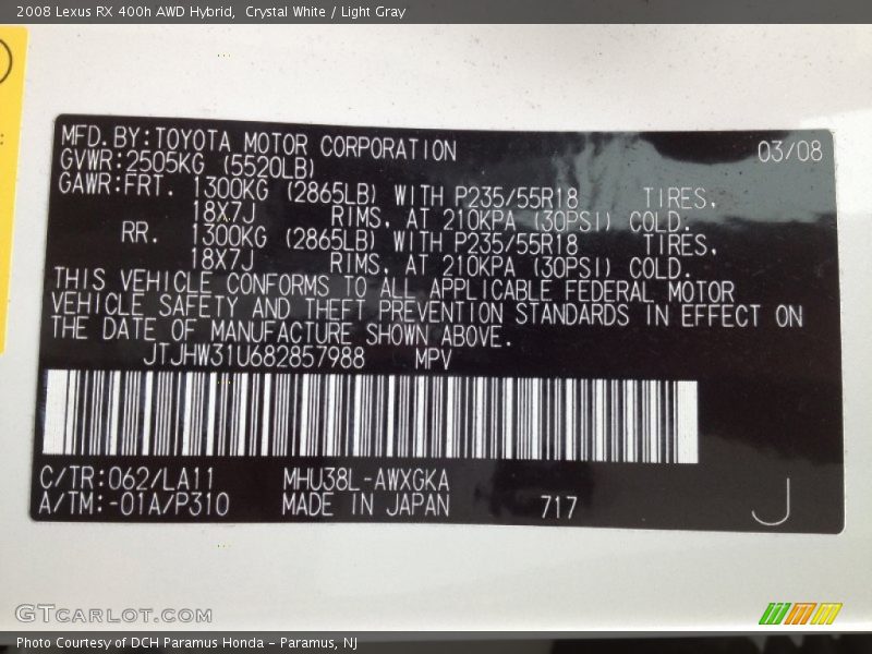Crystal White / Light Gray 2008 Lexus RX 400h AWD Hybrid