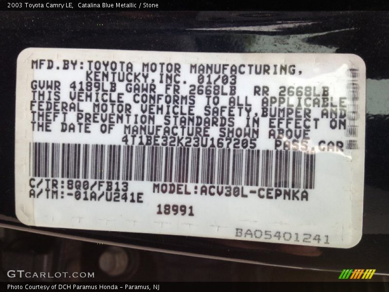 Catalina Blue Metallic / Stone 2003 Toyota Camry LE