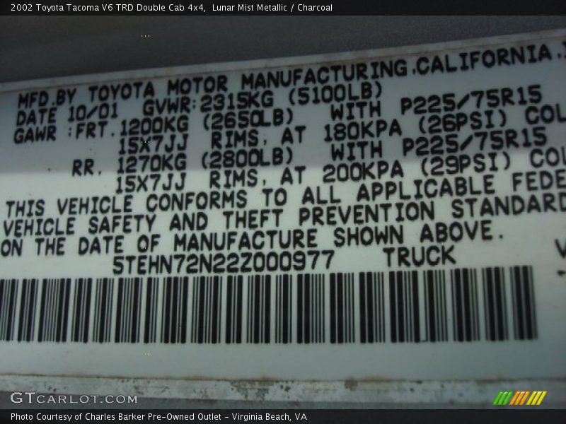 Lunar Mist Metallic / Charcoal 2002 Toyota Tacoma V6 TRD Double Cab 4x4