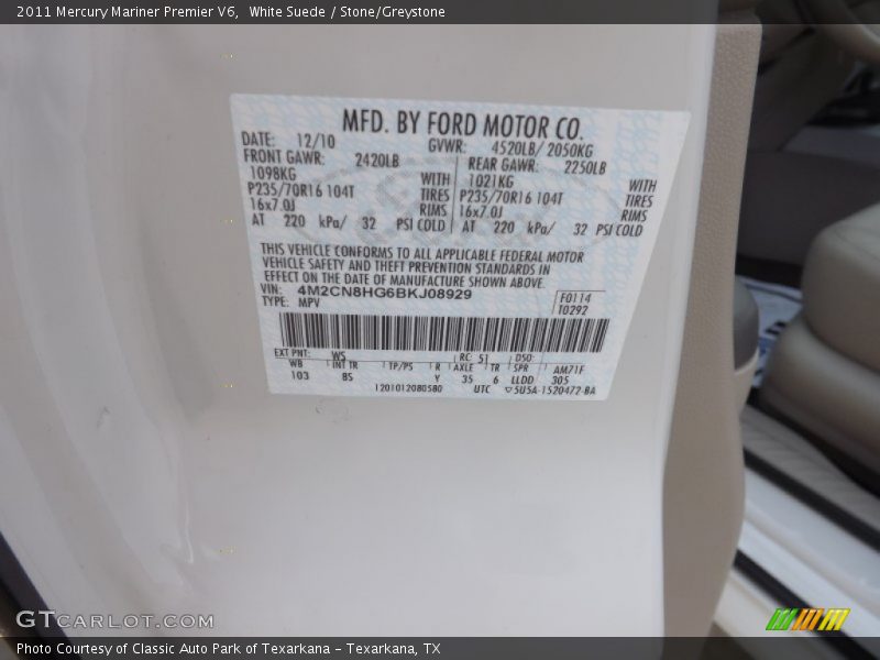 White Suede / Stone/Greystone 2011 Mercury Mariner Premier V6