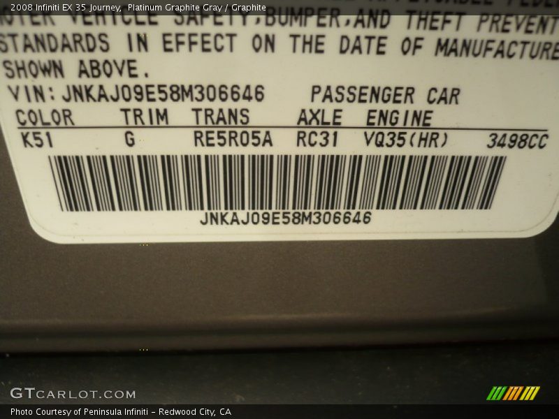 Platinum Graphite Gray / Graphite 2008 Infiniti EX 35 Journey