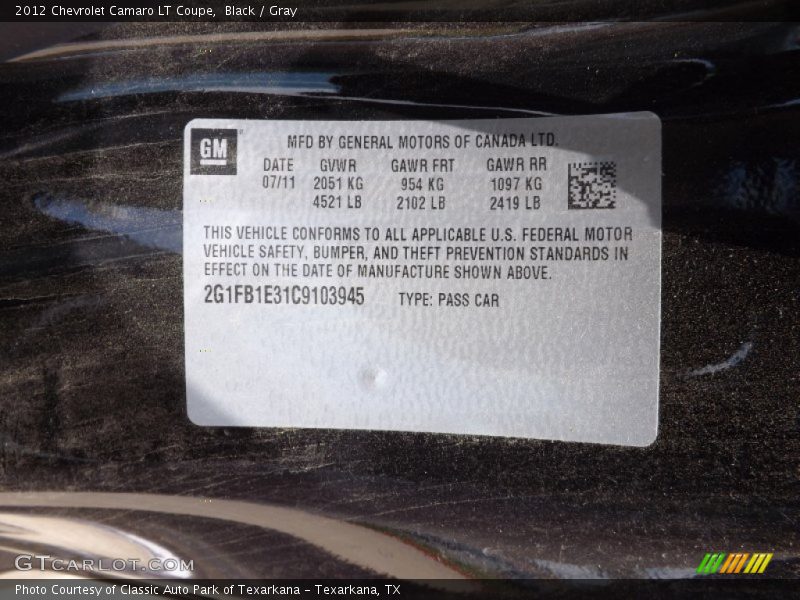 Black / Gray 2012 Chevrolet Camaro LT Coupe