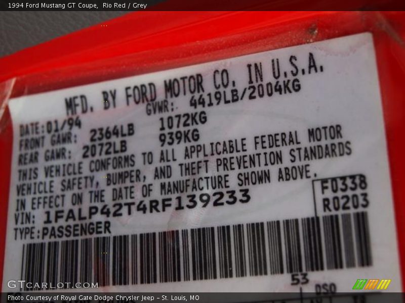 Rio Red / Grey 1994 Ford Mustang GT Coupe