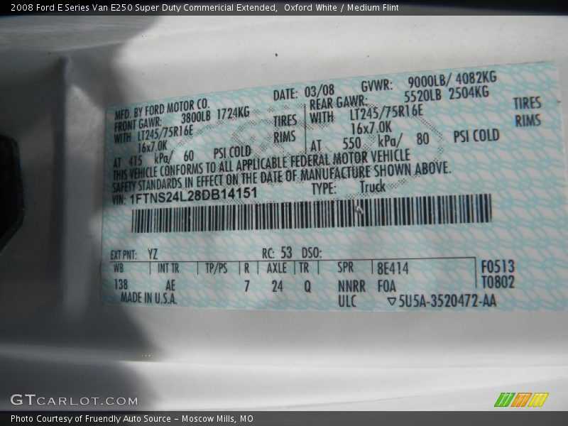 2008 E Series Van E250 Super Duty Commericial Extended Oxford White Color Code YZ