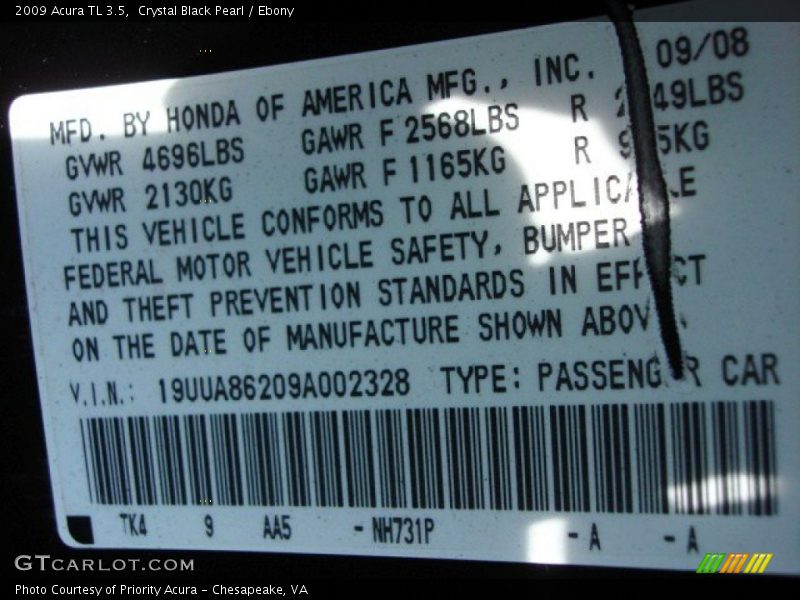 Crystal Black Pearl / Ebony 2009 Acura TL 3.5