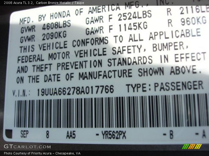 2008 TL 3.2 Carbon Bronze Metallic Color Code YR562PX