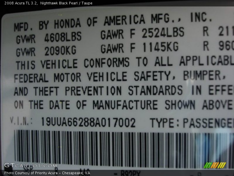 Nighthawk Black Pearl / Taupe 2008 Acura TL 3.2