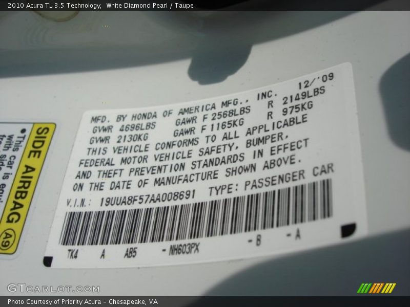 White Diamond Pearl / Taupe 2010 Acura TL 3.5 Technology